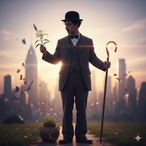 An evocative blend of Charlie Chaplins iconic silhouette with a shepherds staff and a cracked water pot, set against a modern business sunrise. Gemini