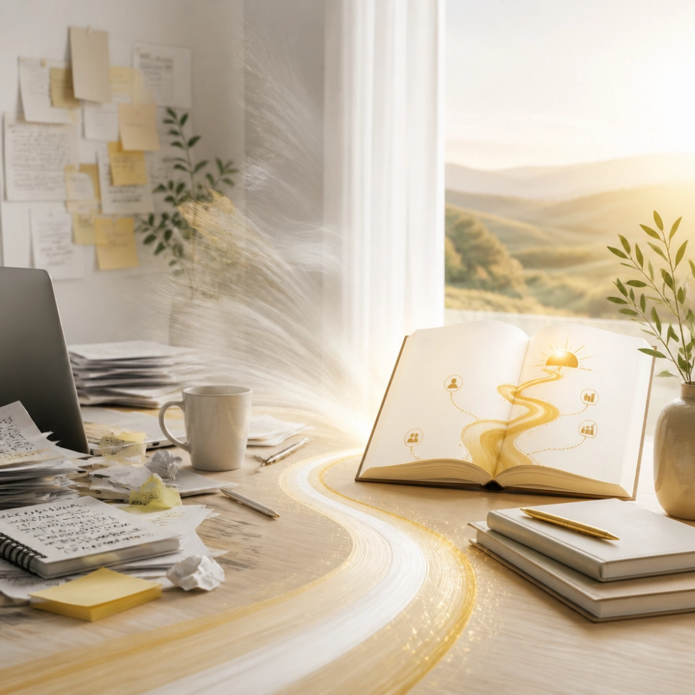 A bright, airy workspace with messy client delivery work softening into calm order, while a glowing golden sales path emerges from an open playbook, symbolizing the shift from delivery suffocation to authentic sales ease.